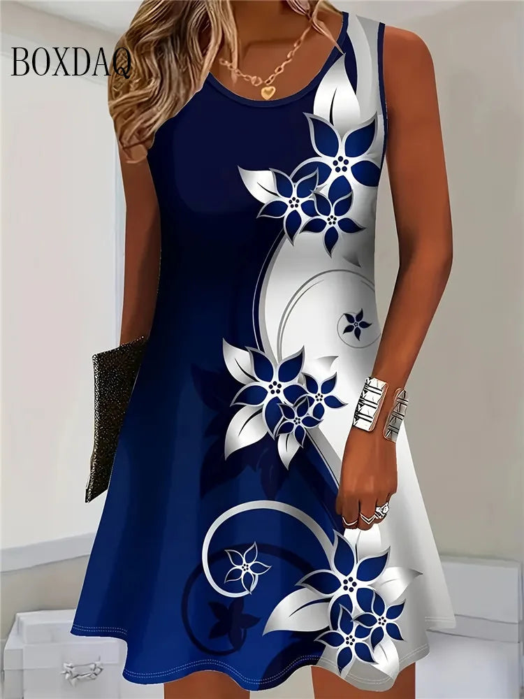 Women's Denim-Look Floral Print Sleeveless Tank Dress