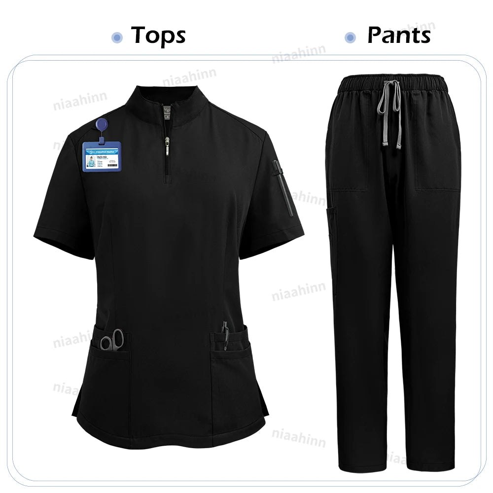 NiaaHinn Women's Stretch V-Neck Scrub Top & Cargo Pants Set