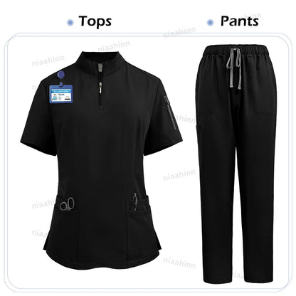 NiaaHinn Women's Stretch V-Neck Scrub Top & Cargo Pants Set