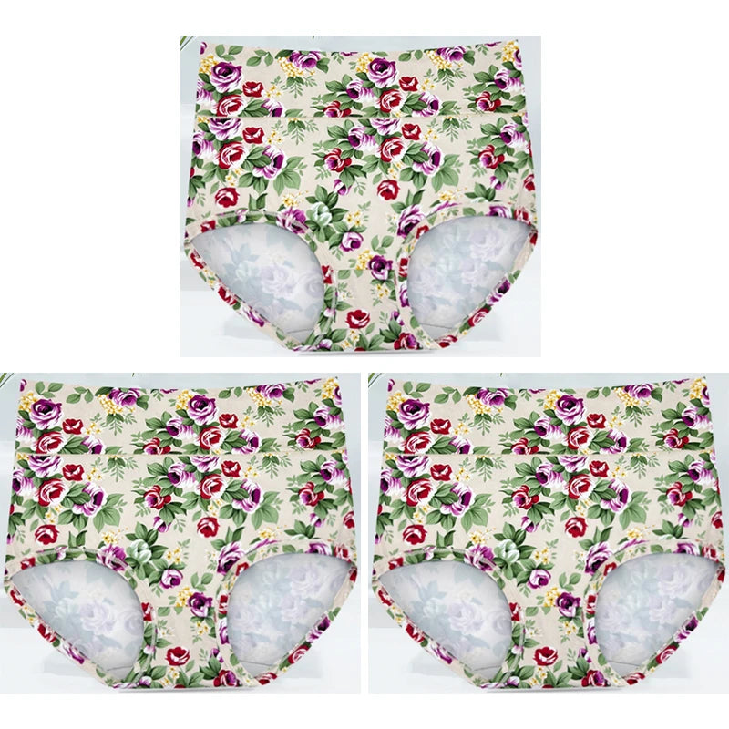 3-Pack Women's Floral Print High-Waisted Briefs - Plus Size Breathable Cotton Panties