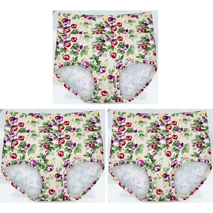3-Pack Women's Floral Print High-Waisted Briefs - Plus Size Breathable Cotton Panties