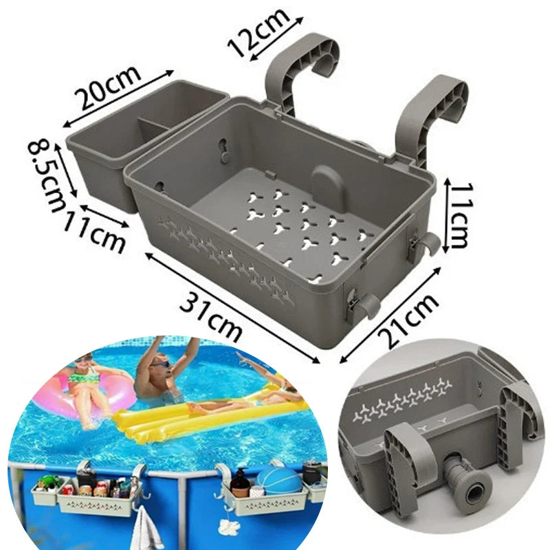3-in-1 Above Ground Poolside Storage Basket with Cup Holder & Utility Hooks – Heavy-Duty Organizer for Pool Accessories