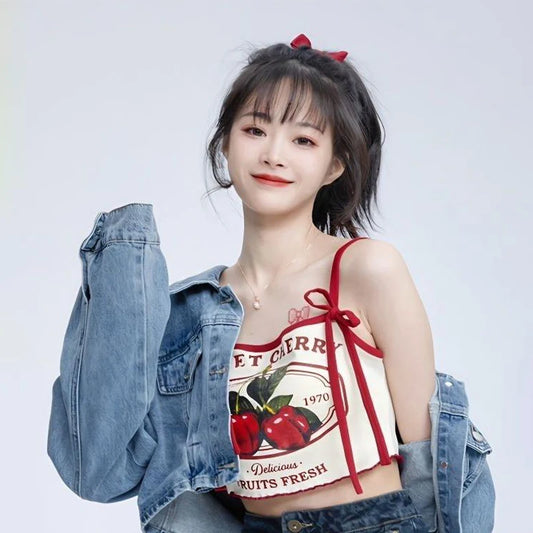 Cherry Print Crop Tank Top - Slim Fit Bow Camisole