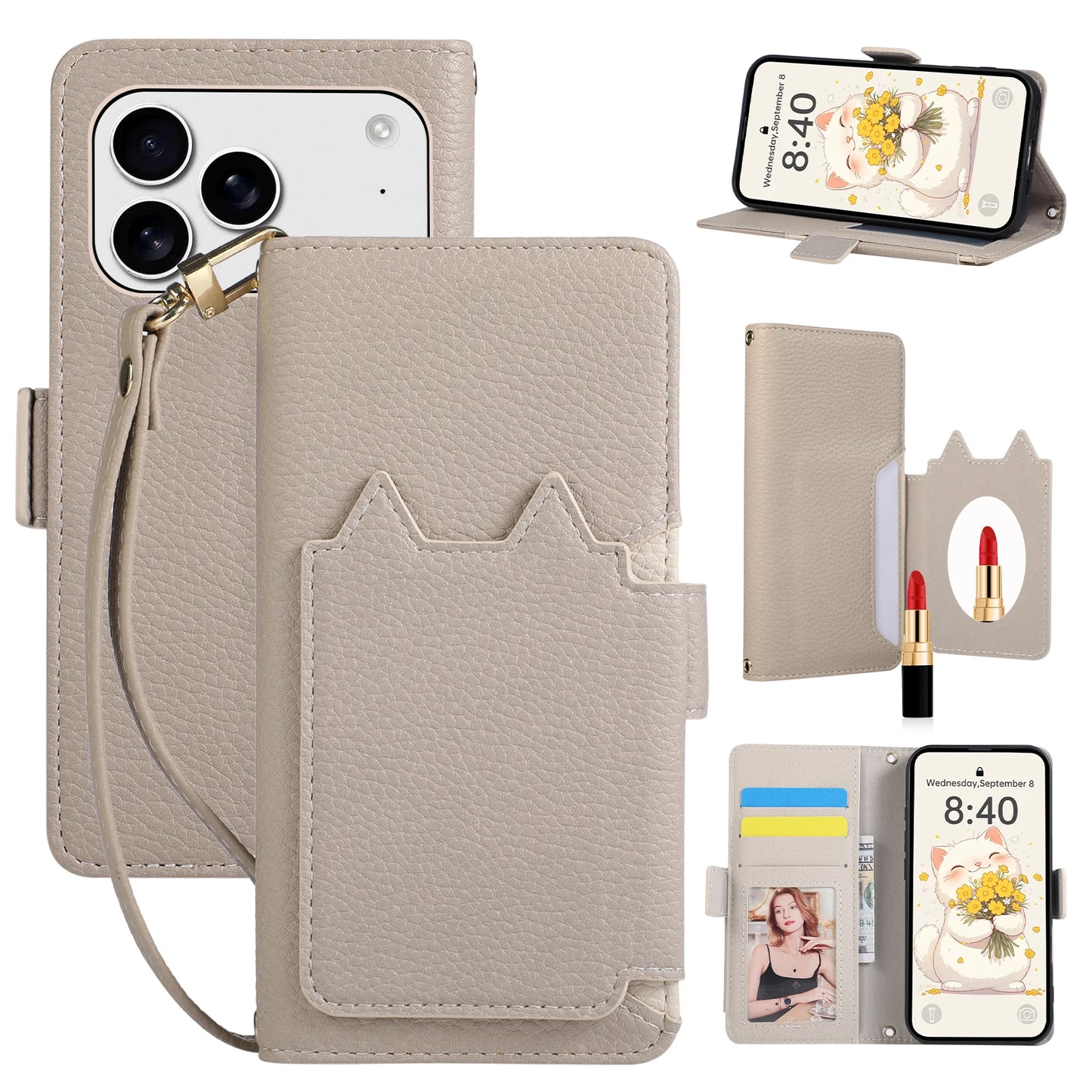 Cat Shape Litchi Leather Flip Wallet Phone Case with Mirror for iPhone