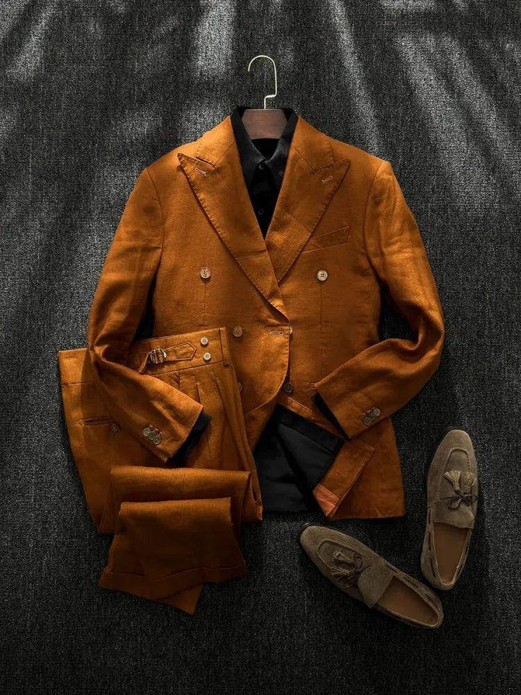 Men's 100% Linen Double-Breasted 2-Piece Formal Business Suit Set