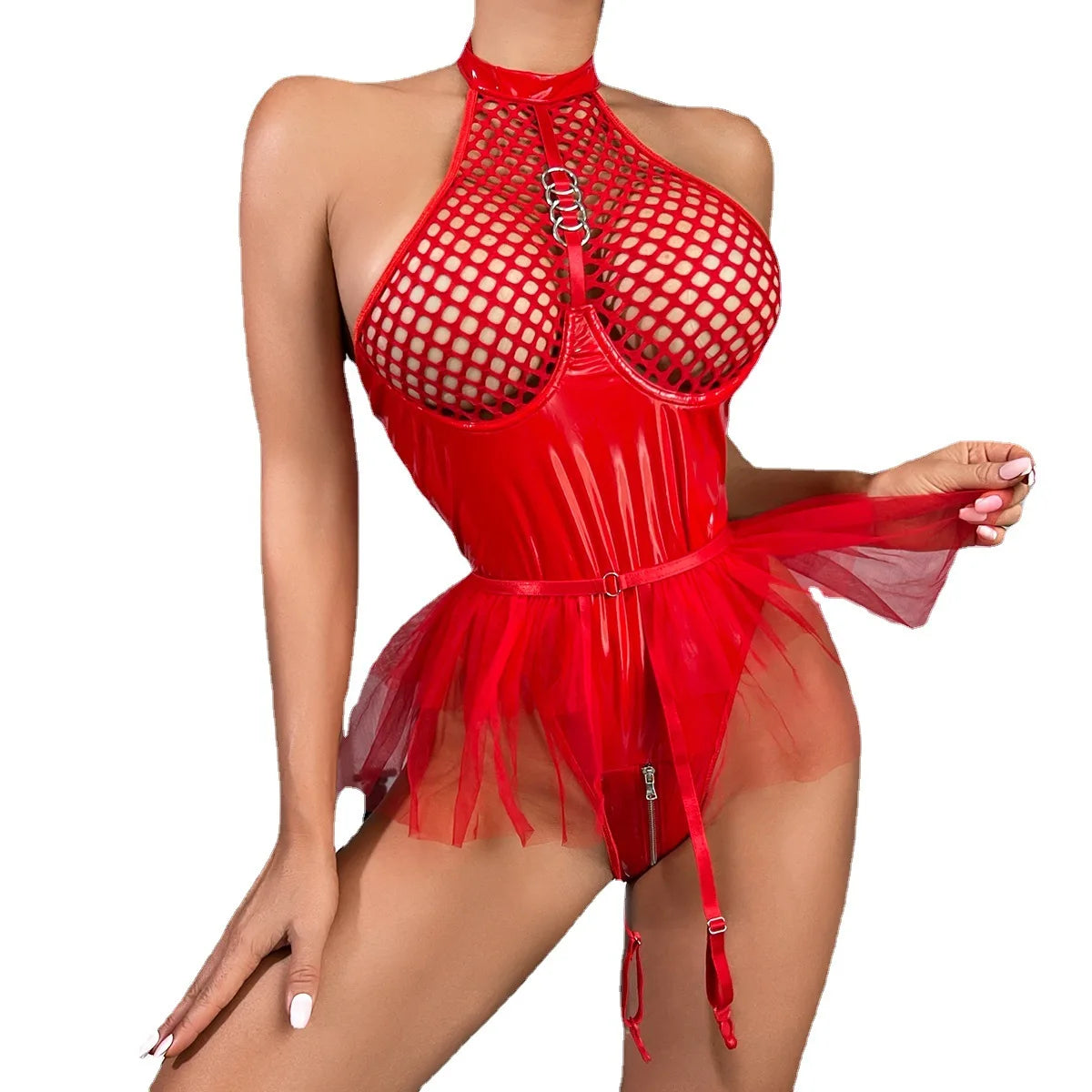 Patent Leather and Mesh Splicing Jumpsuit with Detachable Garter Belts