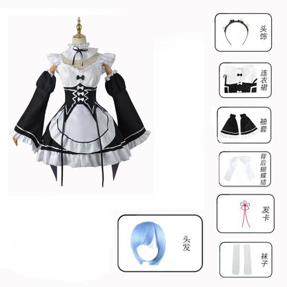 Re:Zero Ram & Rem Maid Cosplay Costume – Complete Anime Maid Uniform Dress & Headdress Set