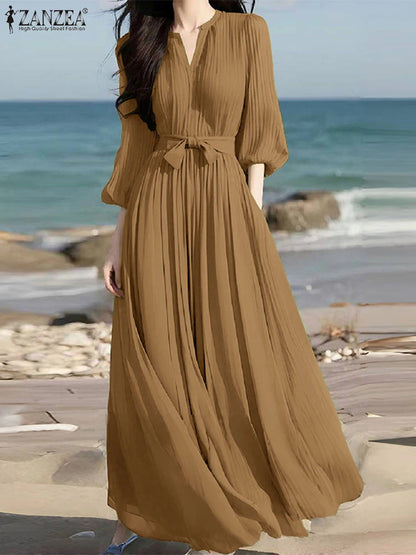 ZANZEA Women's V-Neck Pleated Maxi Dress - Casual Loose Fit 3/4 Lantern Sleeve Long Sundress with Belt
