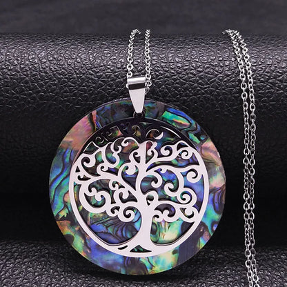 Tree of Life Stainless Steel Abalone Shell Natural Necklace Chain