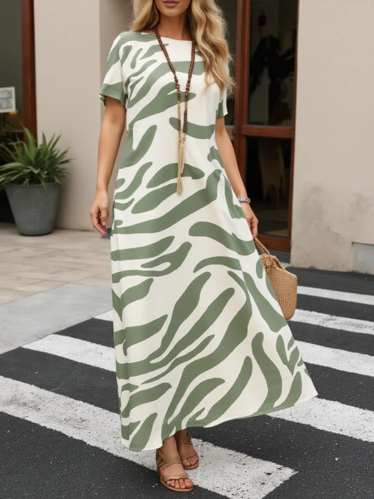 Women's Striped Casual O-Neck Maxi Dress with Pockets