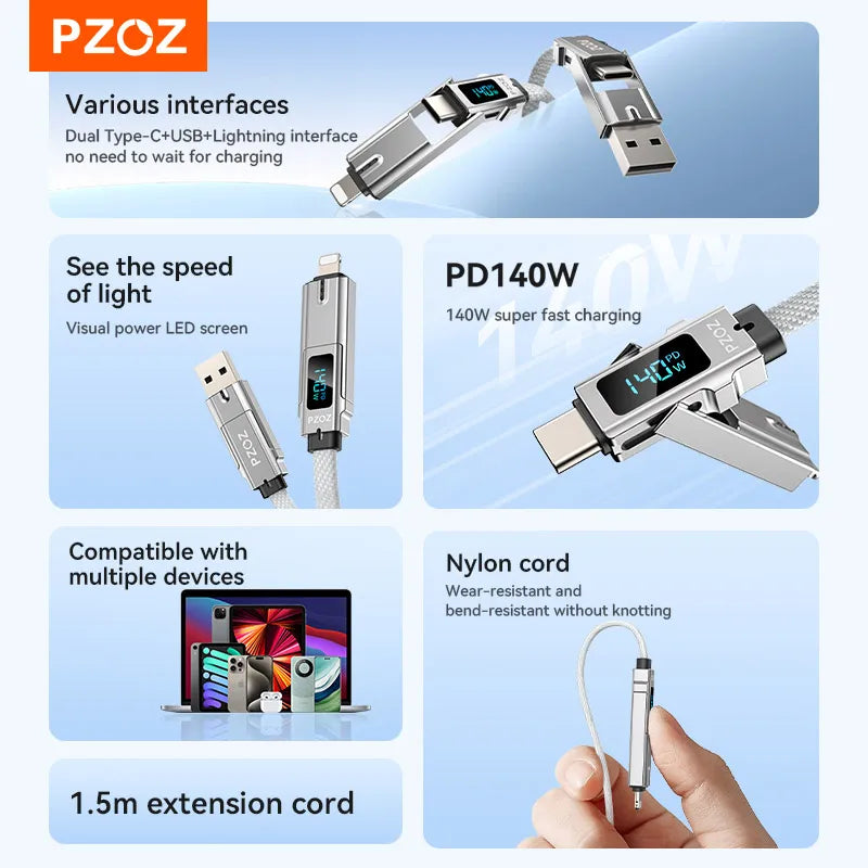 PZOZ 140W 4-in-1 Fast Charging Cable with TF Card Reader & Digital Display