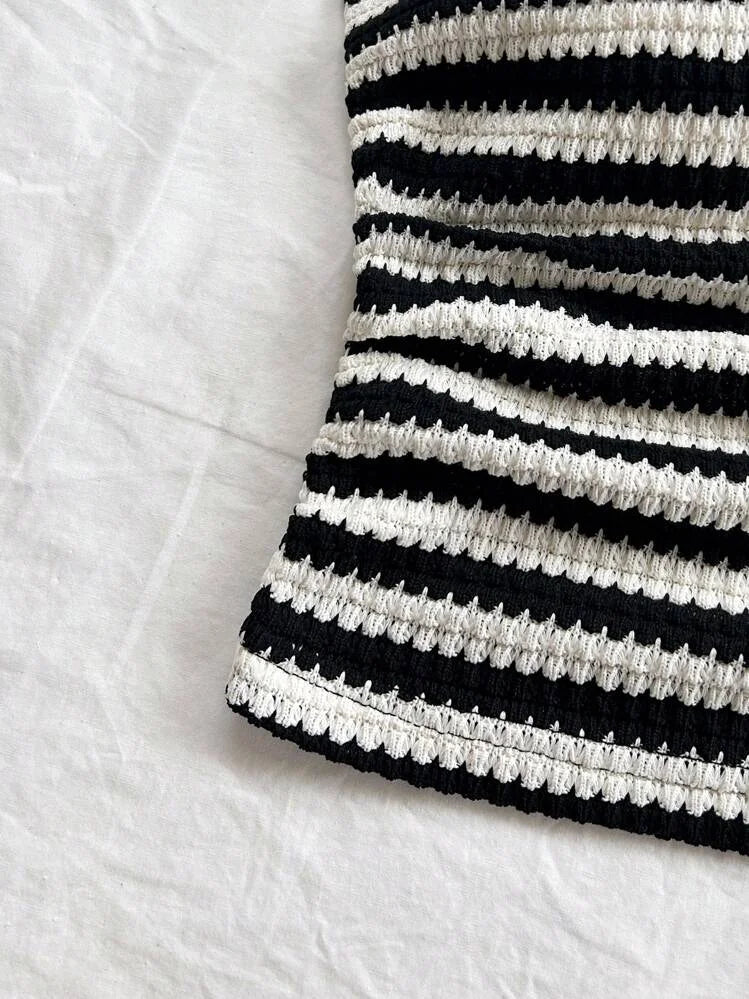 Black and white Striped Strapless Shorts Set,