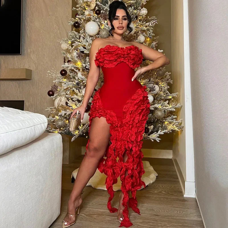 Women's Strapless Ruffle Tassel Irregular Maxi Evening Dress