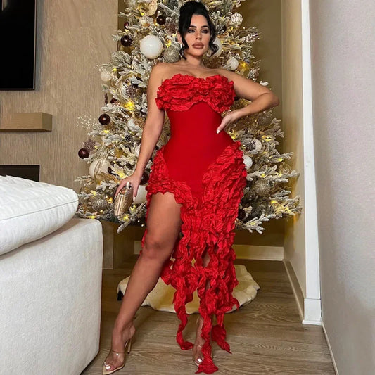 Women's Strapless Ruffle Tassel Irregular Maxi Evening Dress