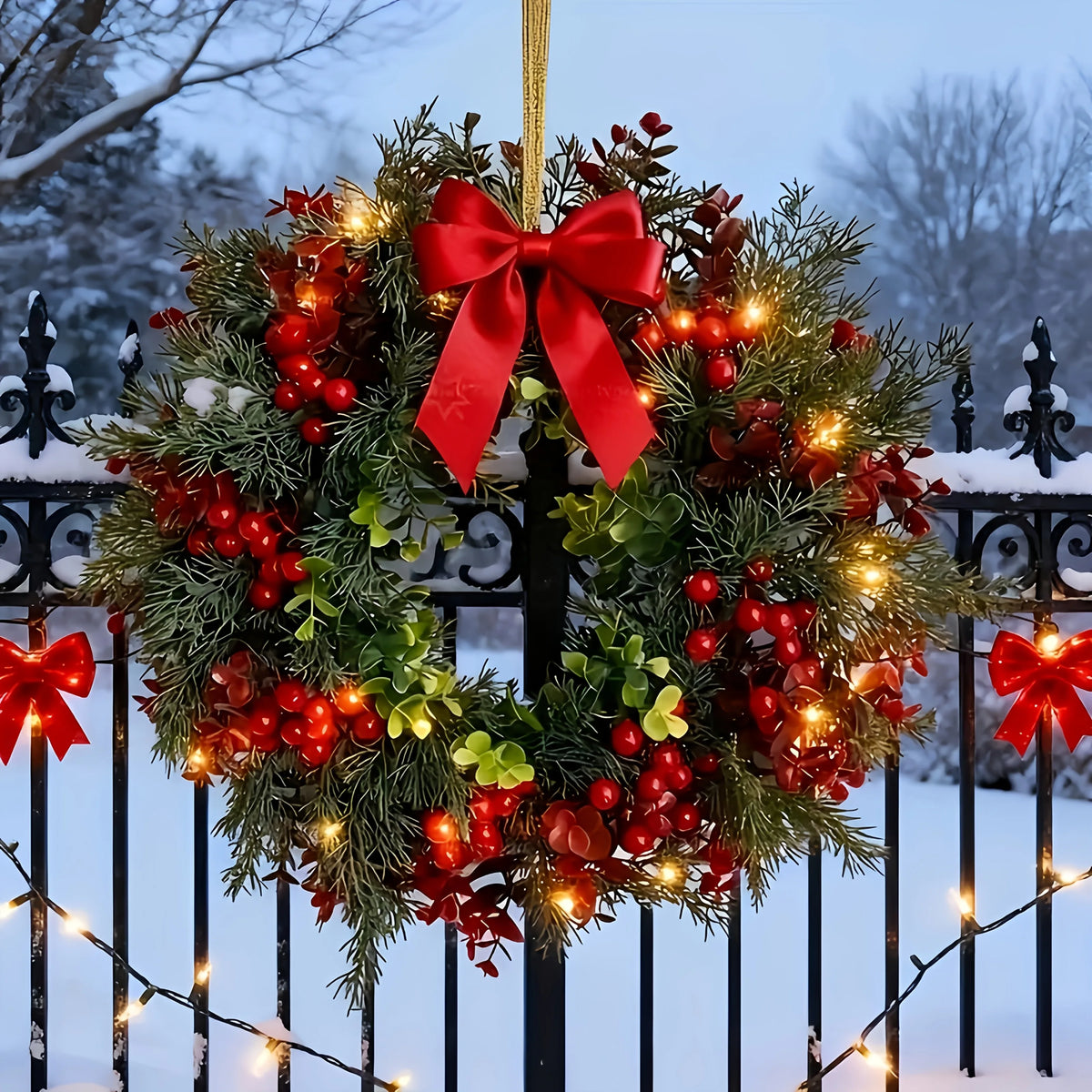 Artificial Red Berry Christmas Wreath with Bow
