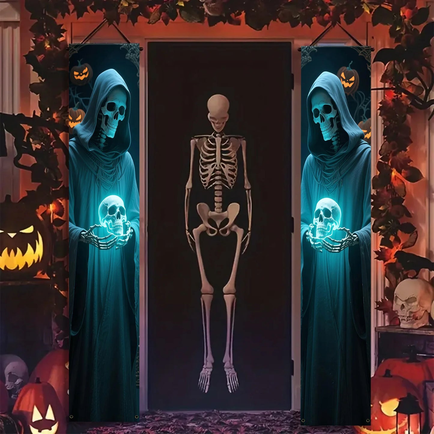 Halloween Skull Porch Banners - Outdoor Hanging Door Decor (2-Pack)