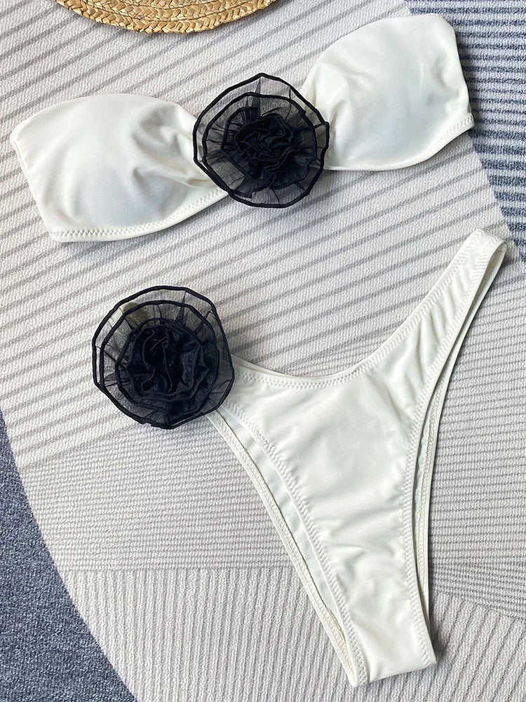 Women's Striped 3-Piece Bikini Set - Strapless Bandeau Top with Matching Beach Skirt Cover-Up