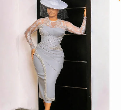 Women's O-Neck Lace & Pearl Beaded Long Sleeve Satin Tea-Length Bridal Dress
