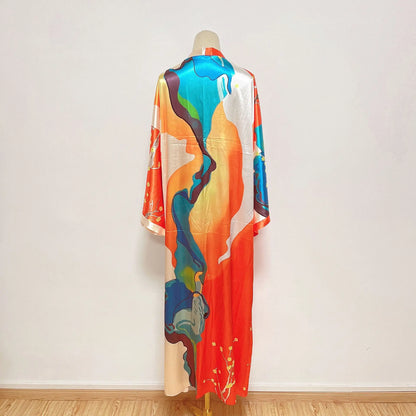 Long Floral Patterned Silky Open Front Swimwear Cover-Up