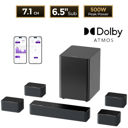 ULTIMEA Poseidon D80 Boom 7.1 Channel Dolby Atmos Soundbar - 500W Home Theater System with Wireless Subwoofer & Surround Speakers