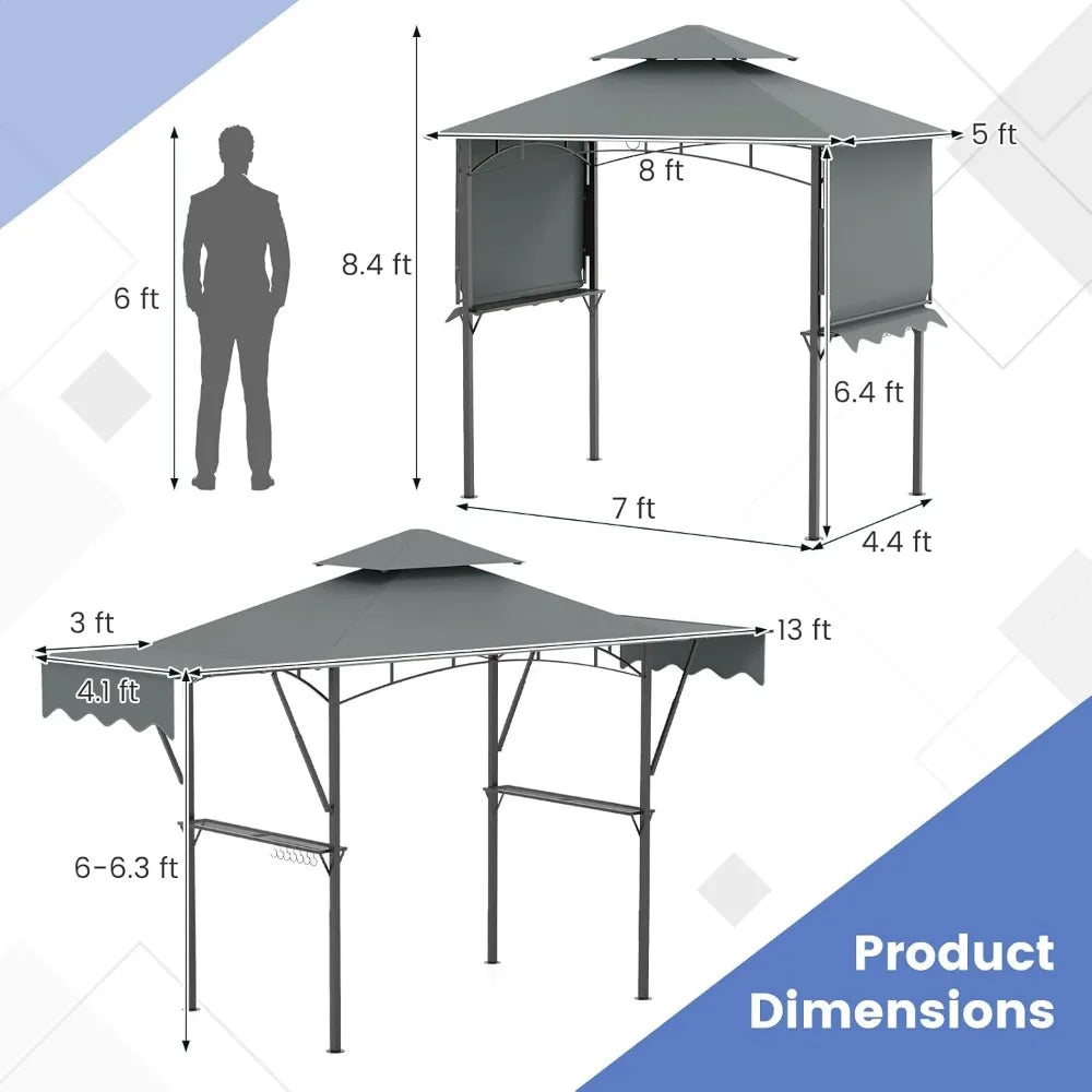 13x5' Grill Gazebo with Dual Side Awnings, 2 Shelves, 7 Hooks, Adjustable Shadow