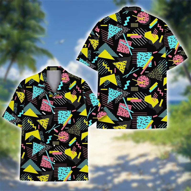 Men's Retro 80s/90s Geometric Print Short Sleeve Button-Down Shirt