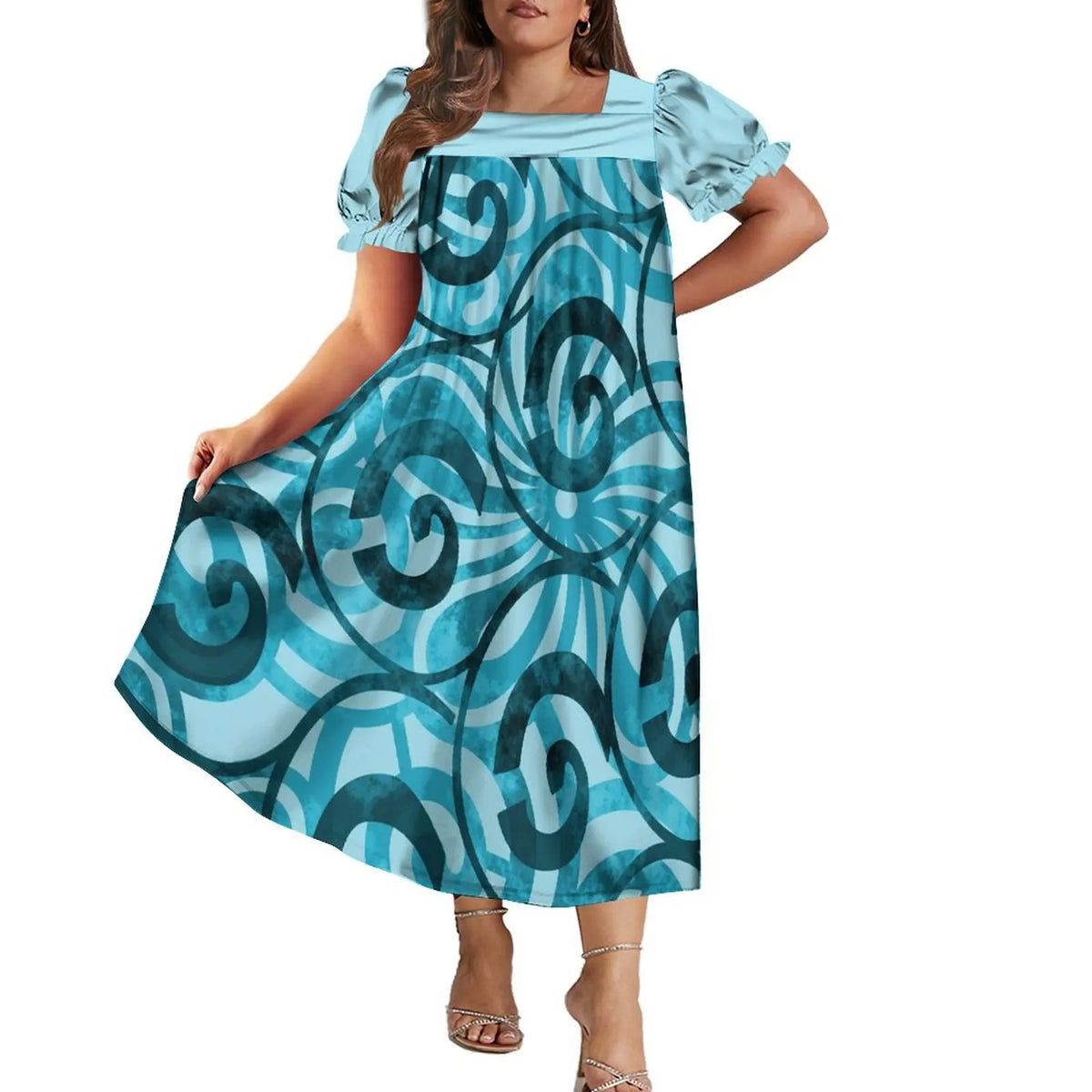 Women's Short-Sleeve Puff Sleeve Square Neck Midi Dress