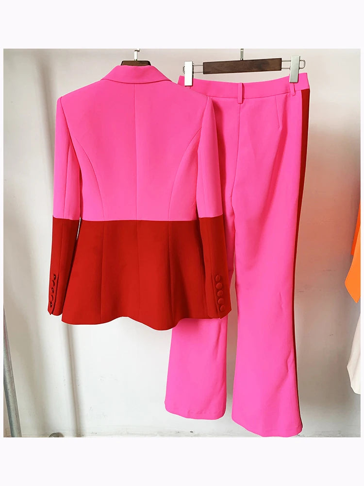 Women’s Color Block Single-Button Blazer & Flare Pants Suit Set – High Street Designer 2PC Outfit