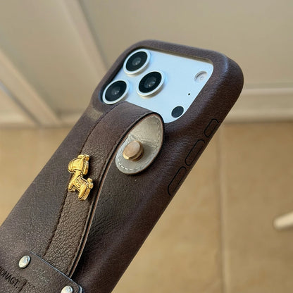 Retro Leather Texture iPhone Case with Wristband Strap & Card Holder