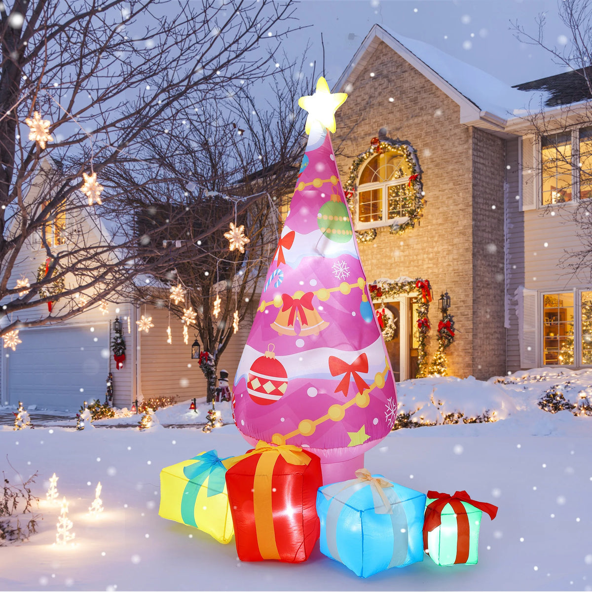 7FT Inflatable Pink Christmas Tree with LED Lights & Gift Boxes