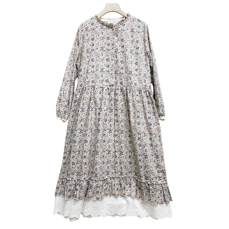 Women's Vintage Mori Girl Floral Print Cotton Linen Midi Dress with Lace Ruffles