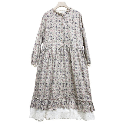 Women's Vintage Mori Girl Floral Print Cotton Linen Midi Dress with Lace Ruffles