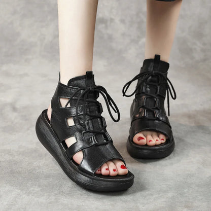 Women's Retro Genuine Leather Lace-Up Peep-Toe Sandals