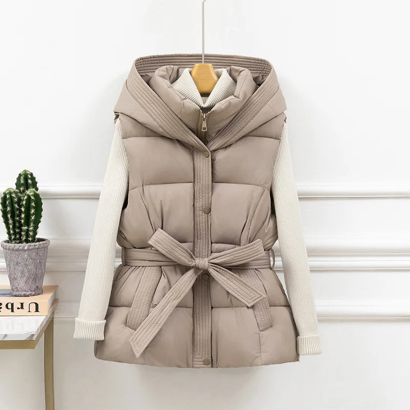 Women's Quilted Puffer Vest - Belted Warm Winter Hooded Sleeveless Coat