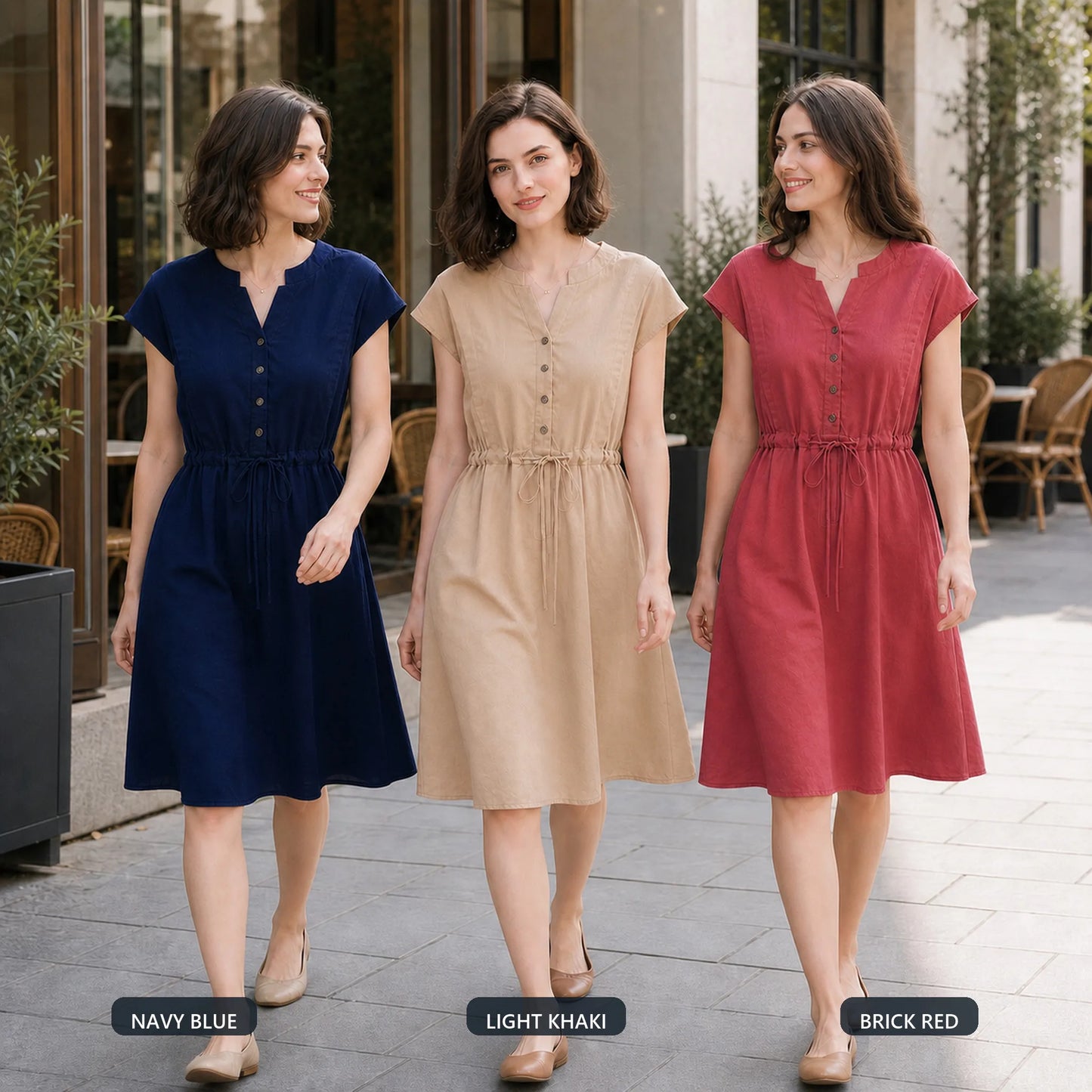 Women's Summer Cotton Linen Short Sleeve Button-Down A-Line Dress