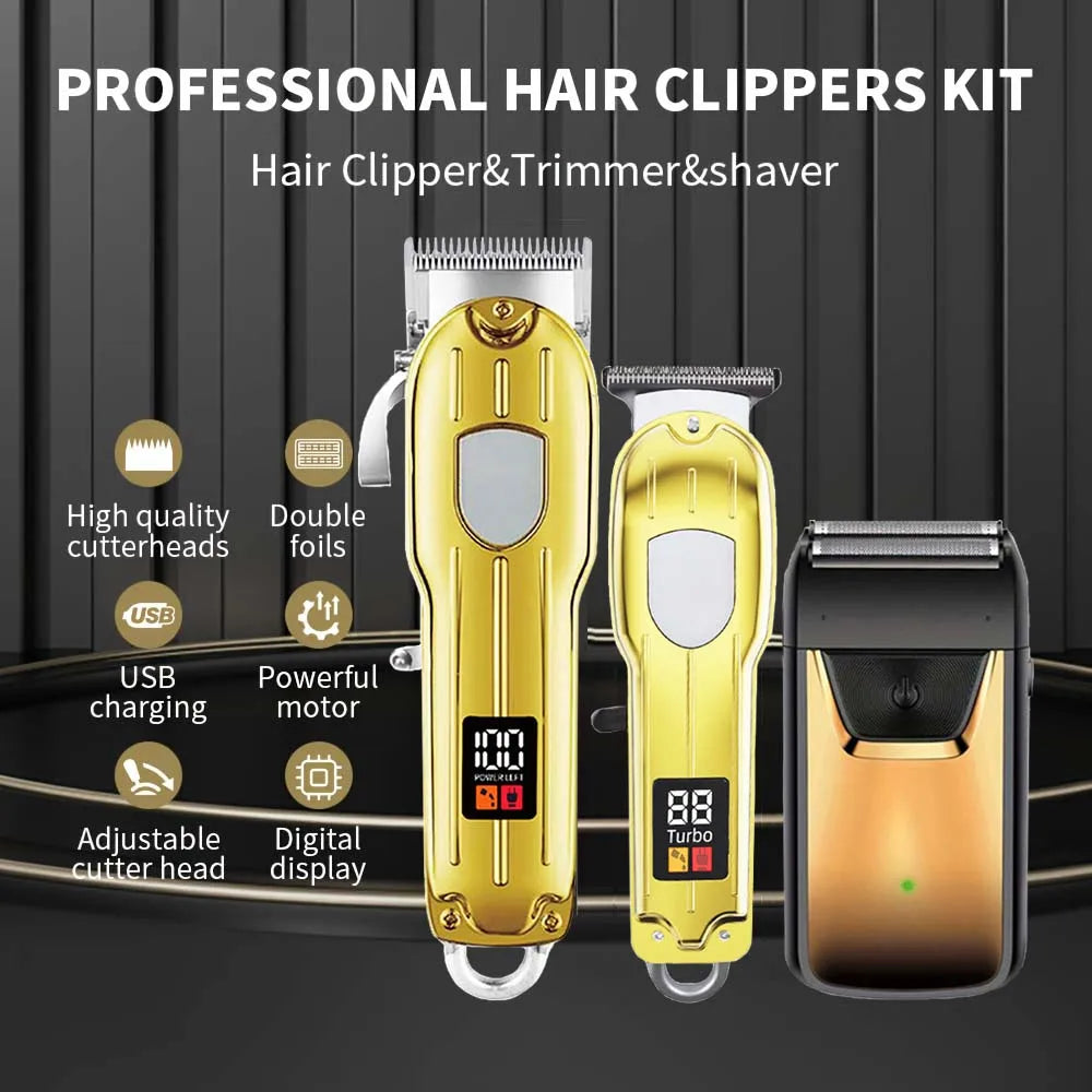 Professional 3-in-1 Hair Clipper & Trimmer Set – Cordless Grooming Kit with LCD Display