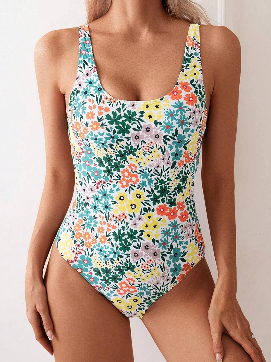 Floral One Piece Square Neck Bathing Suit
