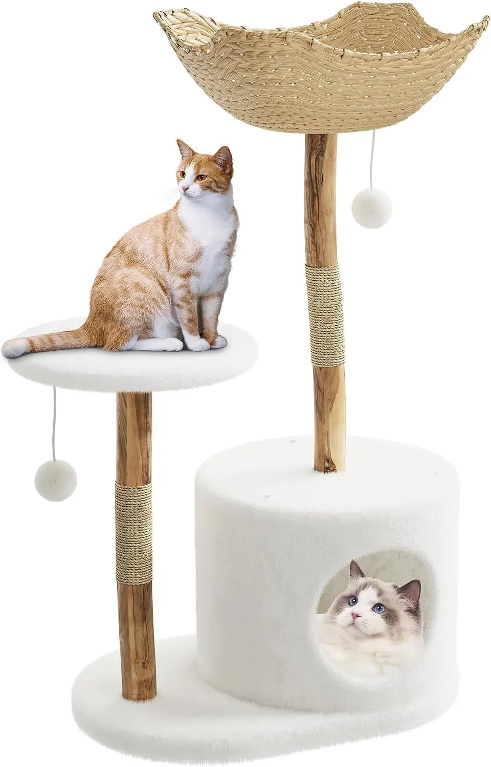 Tacleekii Natural Wood Cat Tree Tower with Wicker Basket Perch & Sisal Scratching Posts