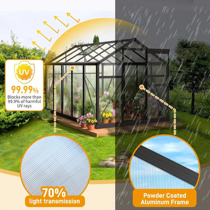 6x10FT Polycarbonate Heavy Duty Green House with Roof Vents