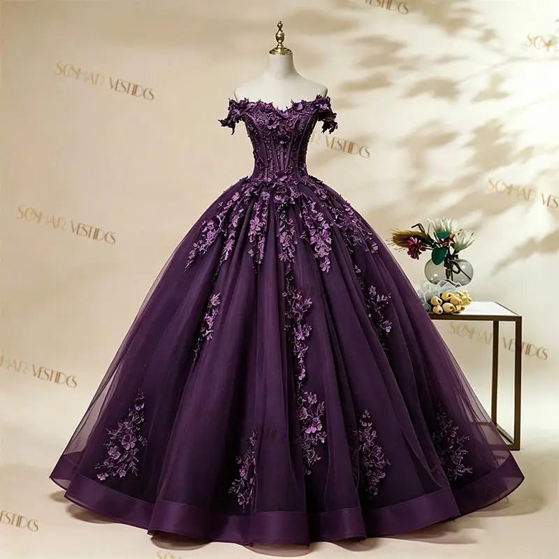Off-The-Shoulder Floral Applique Quinceañera Ball Gown