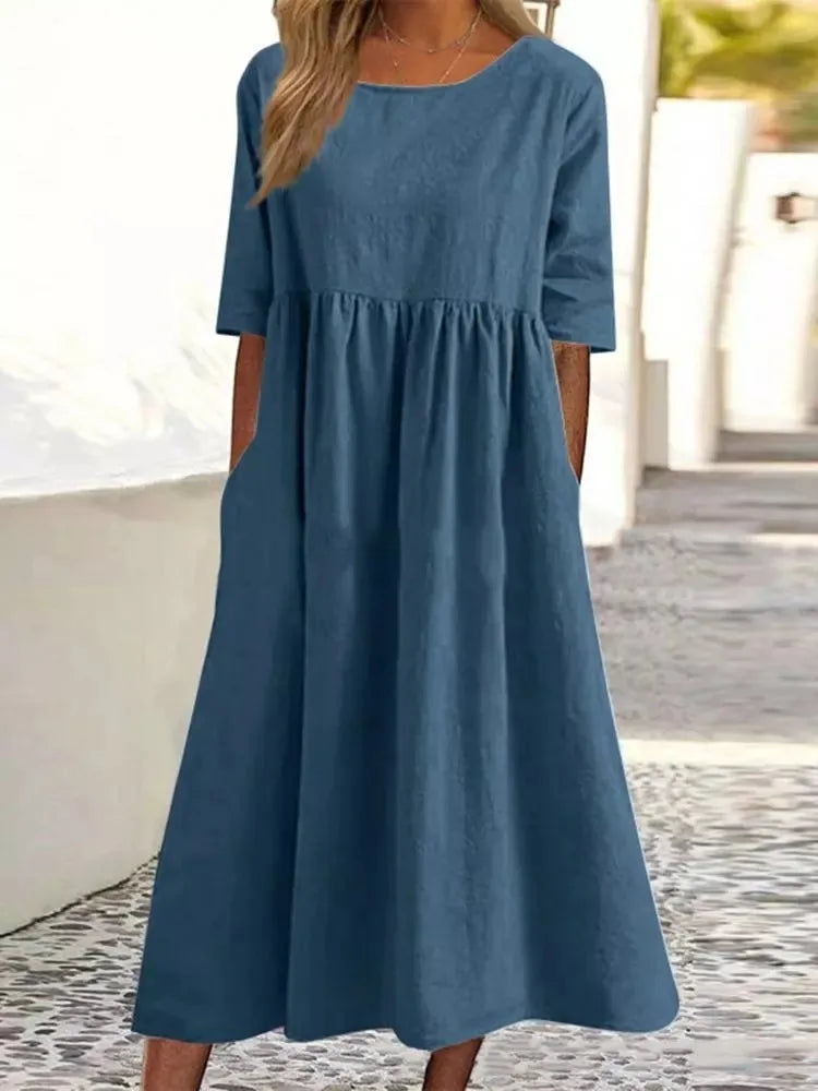 Women's Casual Linen Blend Loose Fit Midi Dress with Pockets