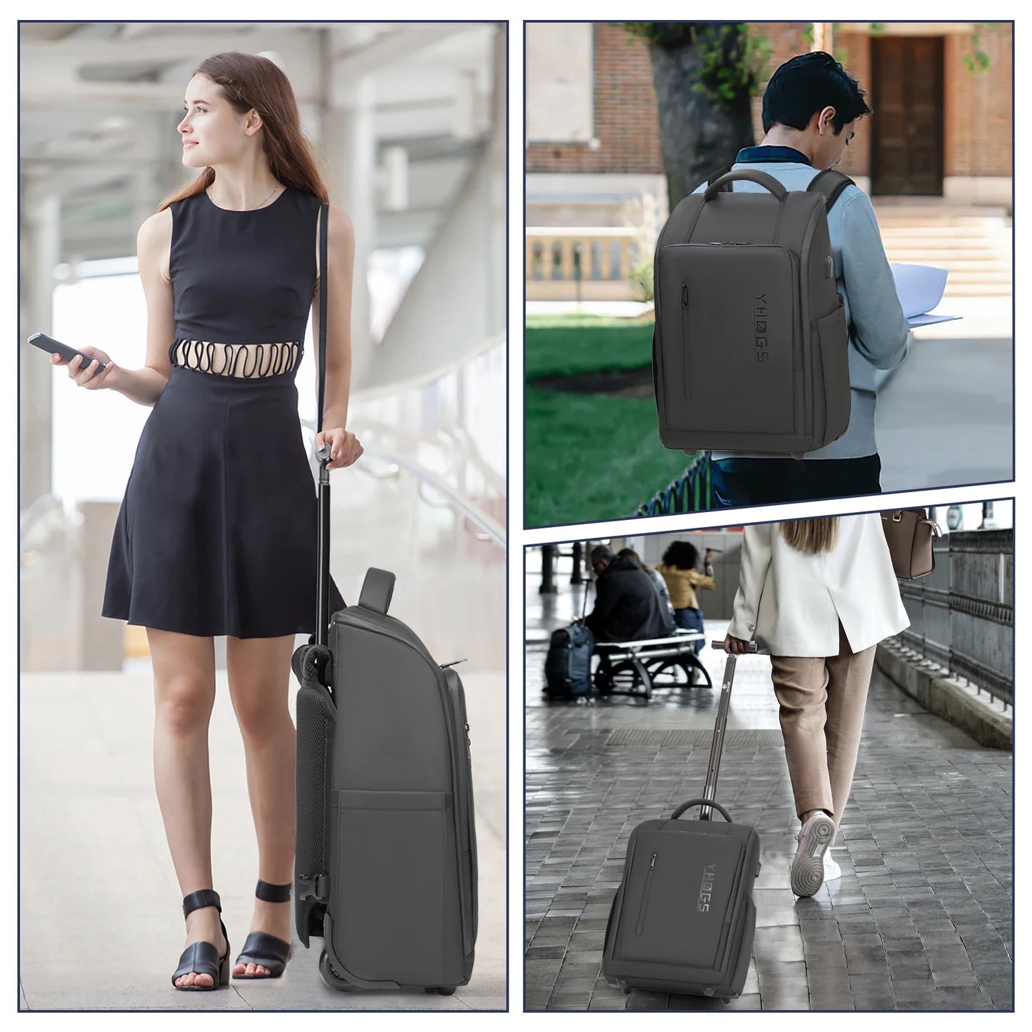 USB Charging Trolley Luggage Backpack with Wheels