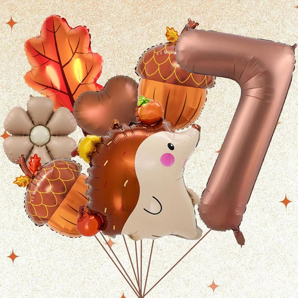 7Pcs Autumn Pinecone Hedgehog Balloon Set - 32 Inch Brown Number 1-9 Thanksgiving & Birthday Decor