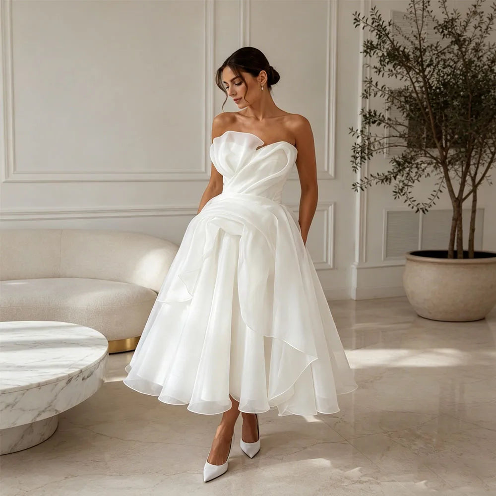 Elegant Strapless Organza A-Line Midi Wedding Dress – Civil Bridal Gown
