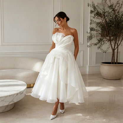 Elegant Strapless Organza A-Line Midi Wedding Dress – Civil Bridal Gown