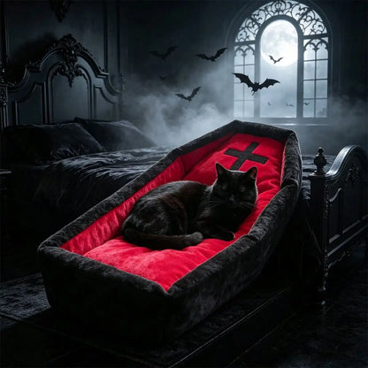 Gothic Coffin Pet Bed Mat with Red Cross Accent