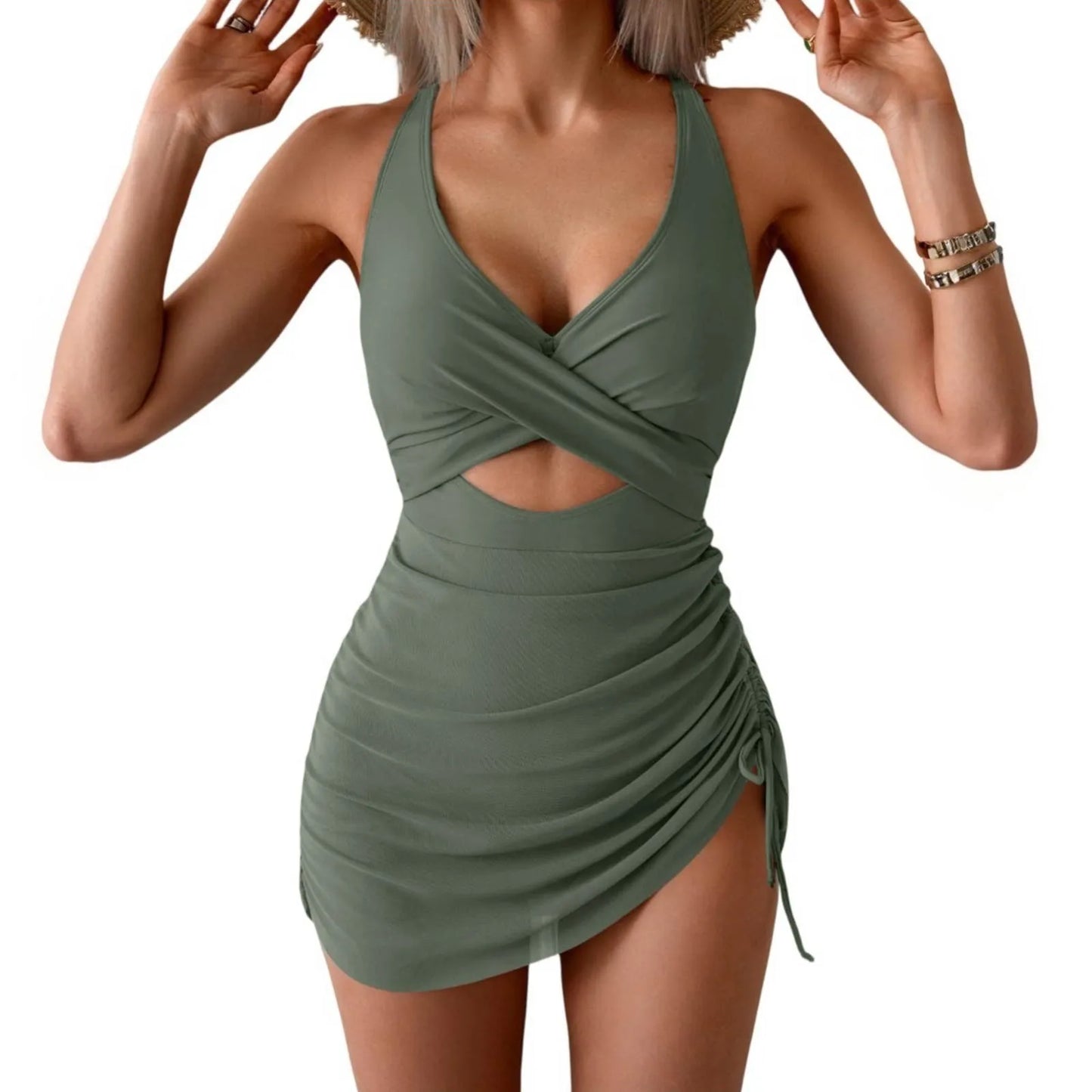 Color Blocking Cross Strap One-Piece Swimsuit