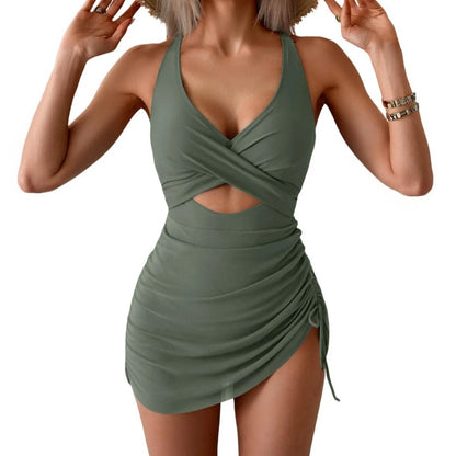 Color Blocking Cross Strap One-Piece Swimsuit