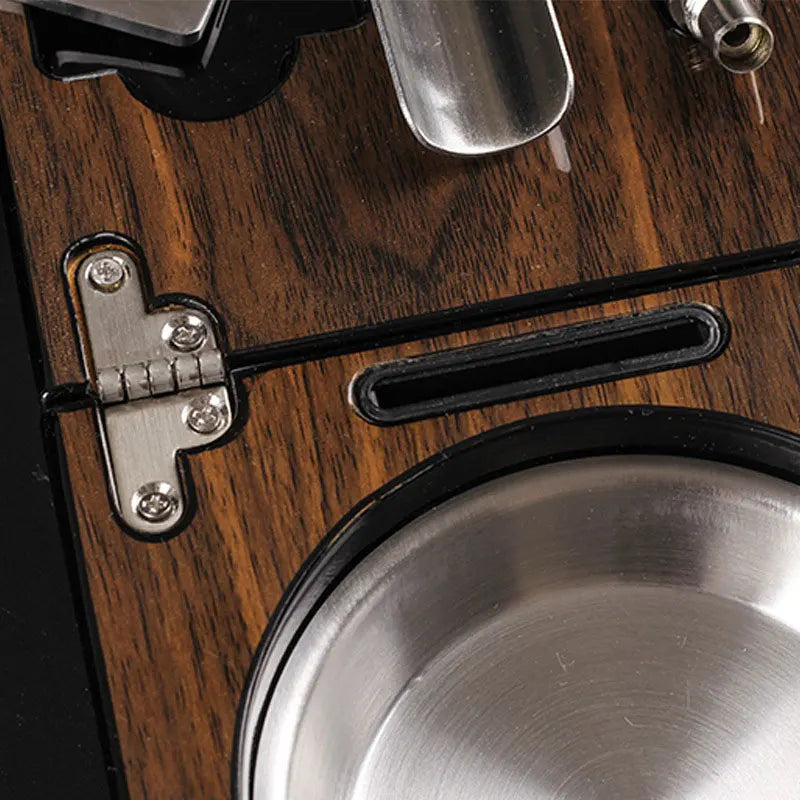 Solid Walnut Wood Foldable Ash Tray with Cigar Cutter Holder