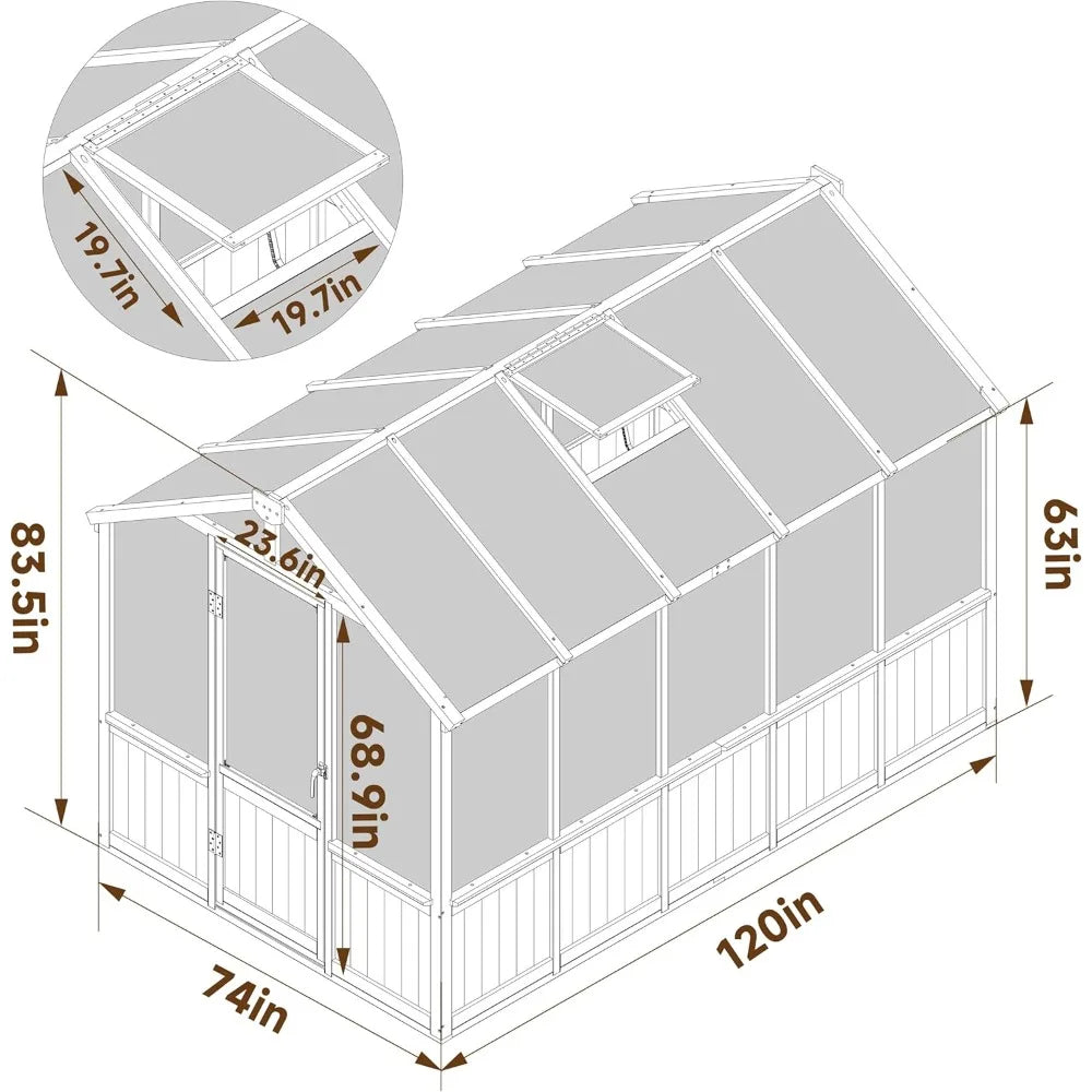 6' x10' Wood Greenhouse with Lockable Door Cedar Frame & Adjustable Vent